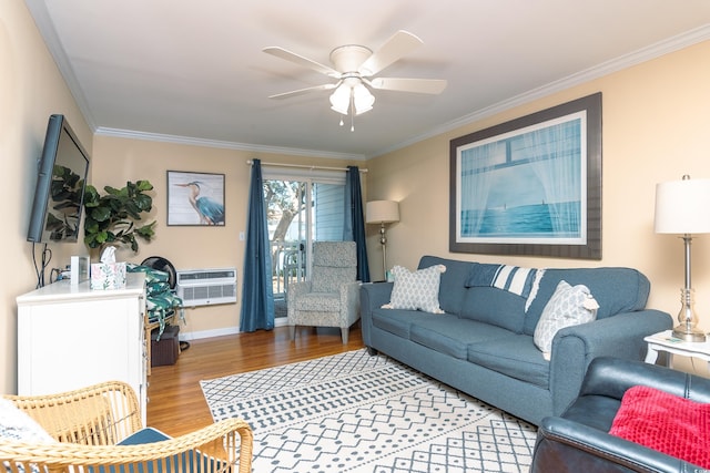 living room featuring ornamental molding, hardwood / wood-style floors, a wall mounted air conditioner, and ceiling fan