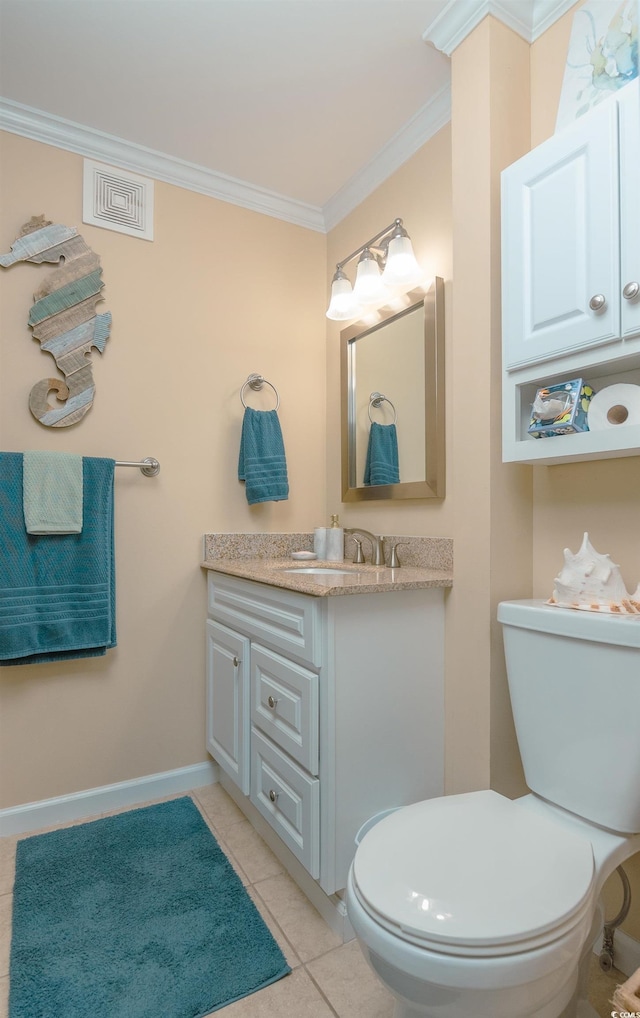bathroom with toilet, ornamental molding, visible vents, tile patterned flooring, and vanity