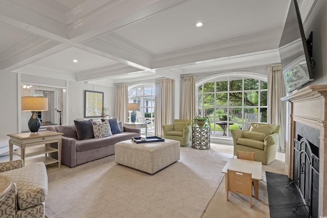 carpeted living room featuring ornamental molding, beamed ceiling, and coffered ceiling