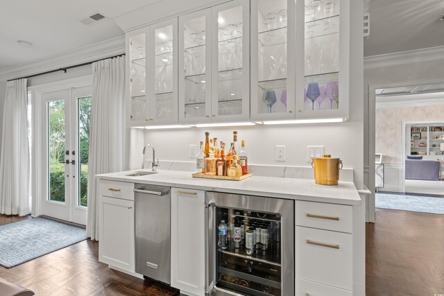 bathroom with vanity, plus walk in shower, and ornamental molding