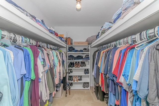 walk in closet featuring light colored carpet