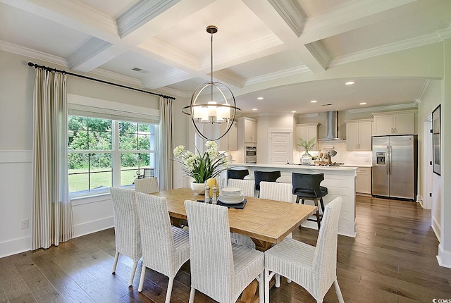 dining room featuring dark wood-type flooring, beamed ceiling, a notable chandelier, and ornamental molding