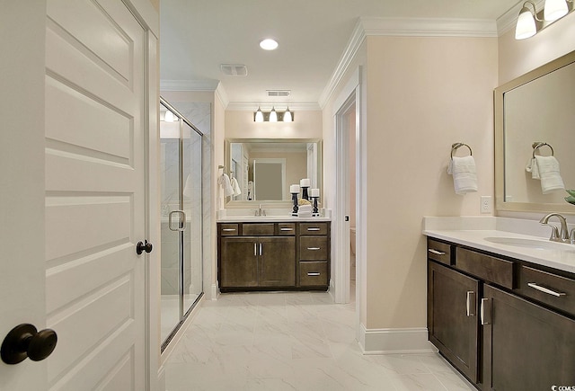 bathroom featuring walk in shower, vanity, and ornamental molding