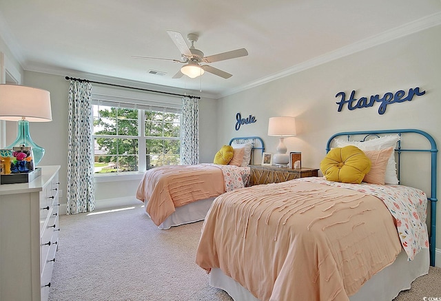 bedroom featuring light carpet, ceiling fan, and crown molding