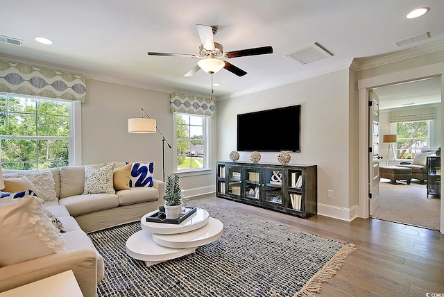 living room with a wealth of natural light, crown molding, and hardwood / wood-style flooring