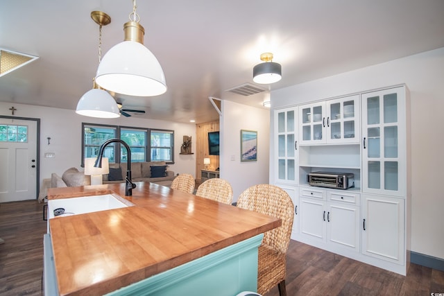 dining space with ceiling fan, dark hardwood / wood-style flooring, and sink