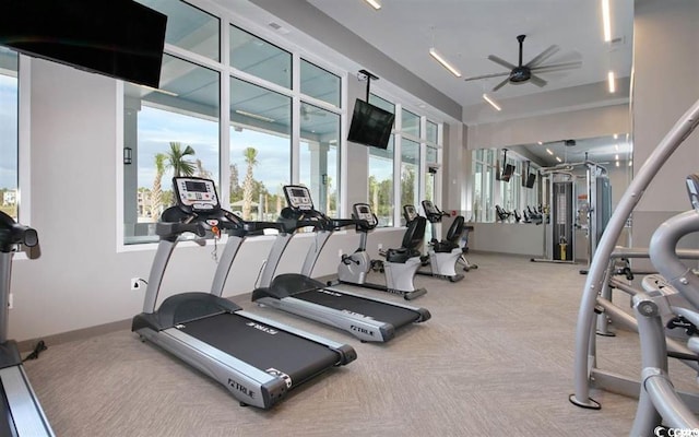 exercise room with carpet and ceiling fan