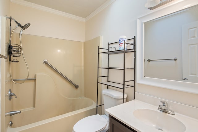 full bathroom with toilet, vanity, shower / washtub combination, and crown molding