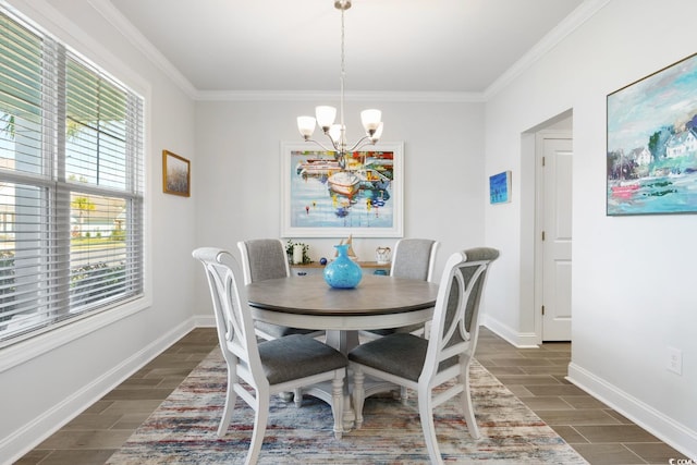 dining area with a wealth of natural light, dark wood-type flooring, and crown molding