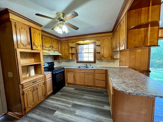 kitchen featuring kitchen peninsula, a textured ceiling, black range with electric cooktop, ceiling fan, and dark wood-type flooring