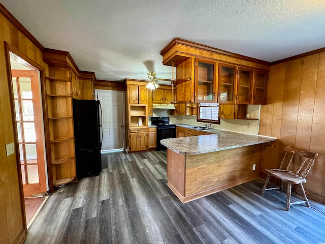 kitchen with kitchen peninsula, dark hardwood / wood-style flooring, plenty of natural light, and black appliances