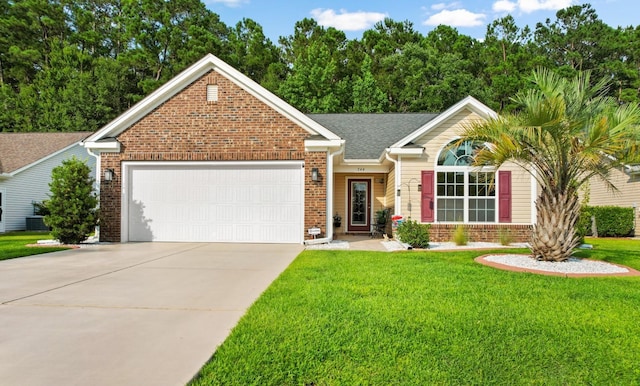 ranch-style house featuring a front lawn and a garage