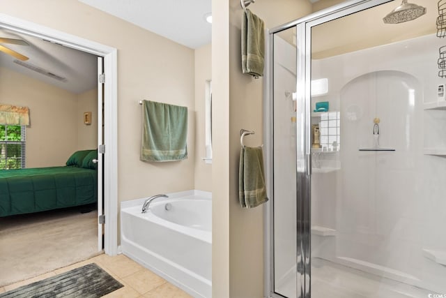 bathroom featuring tile patterned floors, separate shower and tub, and ceiling fan