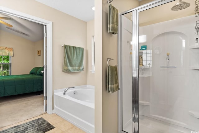 544 Running Deer Trl, Myrtle Beach, SC 29588 - bathroom featuring a stall shower, a bath, ensuite bathroom, tile patterned floors, and a ceiling fan