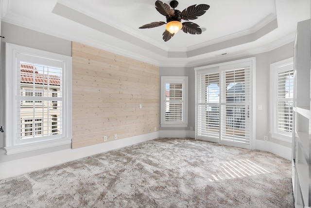 empty room featuring a tray ceiling, wooden walls, a healthy amount of sunlight, and ornamental molding