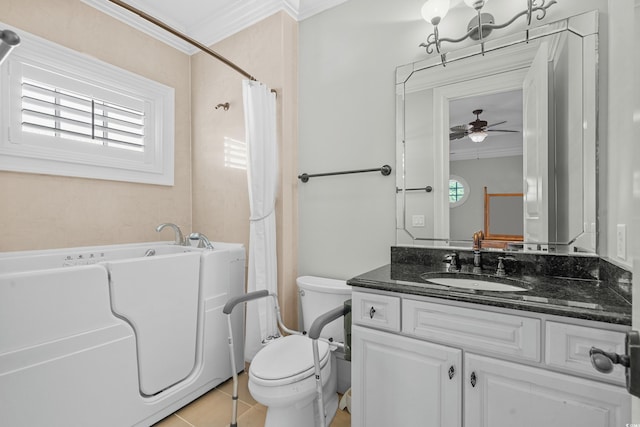 bathroom featuring ceiling fan, tile patterned flooring, crown molding, toilet, and vanity