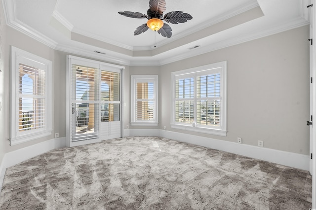 spare room with plenty of natural light, ceiling fan, crown molding, and a tray ceiling