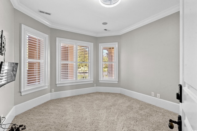 empty room with carpet floors and ornamental molding