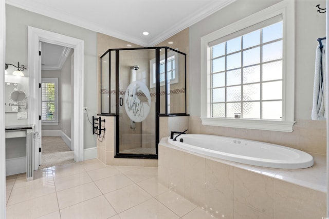 bathroom with separate shower and tub, tile patterned flooring, and ornamental molding