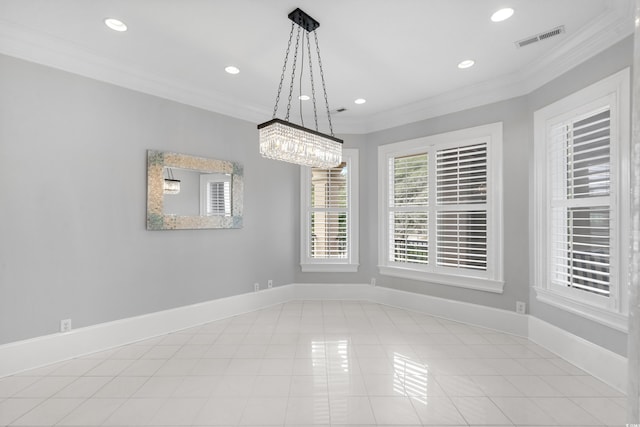 unfurnished dining area featuring light tile patterned flooring, crown molding, and a chandelier