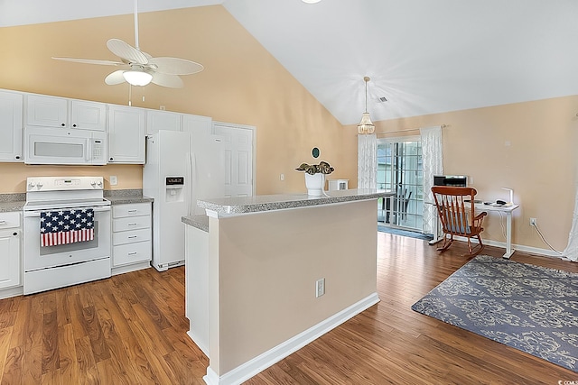 kitchen featuring white cabinets, white appliances, high vaulted ceiling, and hardwood / wood-style floors