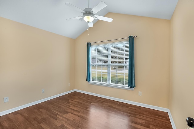 unfurnished room featuring hardwood / wood-style flooring, ceiling fan, and vaulted ceiling