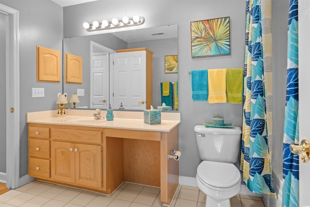 bathroom with toilet, visible vents, baseboards, vanity, and tile patterned floors