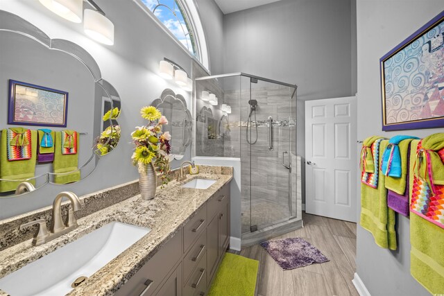 bathroom with walk in shower, hardwood / wood-style floors, and vanity