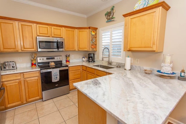 kitchen featuring sink, kitchen peninsula, appliances with stainless steel finishes, ornamental molding, and light tile patterned floors