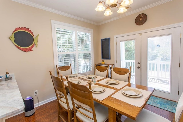 dining room featuring dark wood-type flooring, french doors, and a healthy amount of sunlight