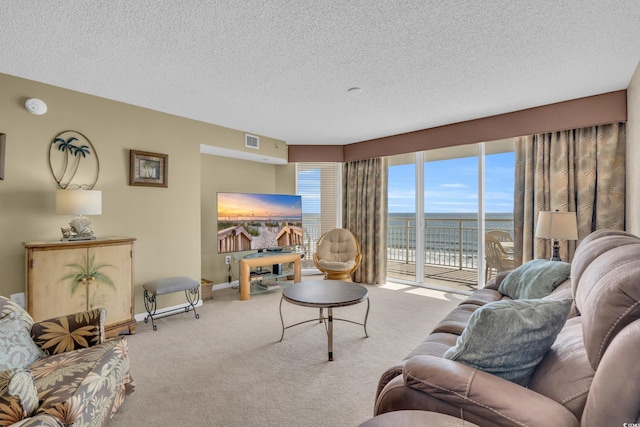 living room with light colored carpet and a textured ceiling