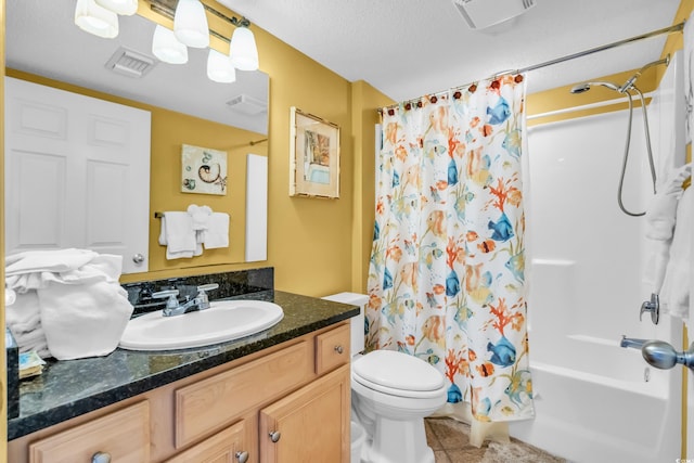 full bathroom with tile patterned flooring, a textured ceiling, shower / bathtub combination with curtain, vanity, and toilet