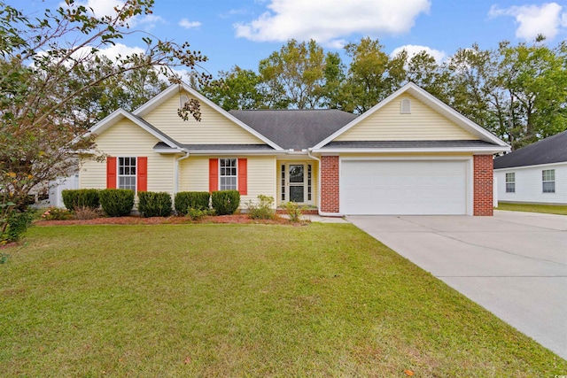 single story home featuring a garage and a front yard