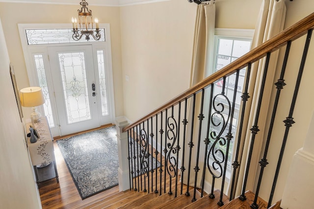 foyer entrance with ornamental molding, hardwood / wood-style floors, and a notable chandelier