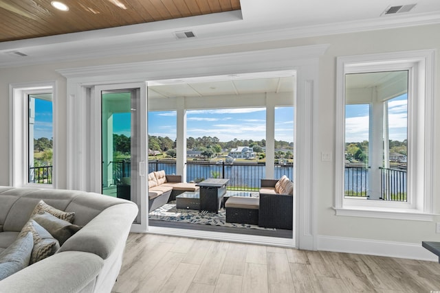 entryway with light wood-type flooring, a wealth of natural light, and a water view