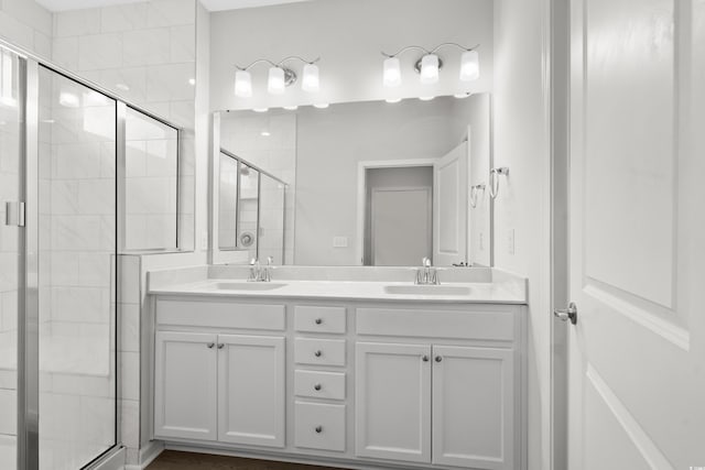 bathroom featuring vanity and a shower with door