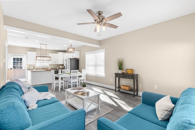 living room featuring hardwood / wood-style floors, a wealth of natural light, and ceiling fan with notable chandelier