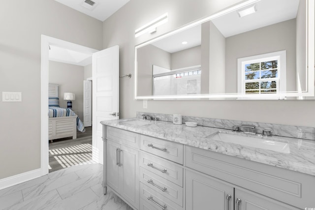 bathroom with hardwood / wood-style floors, a shower with door, and vanity