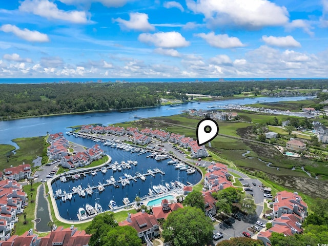 drone / aerial view featuring a water view