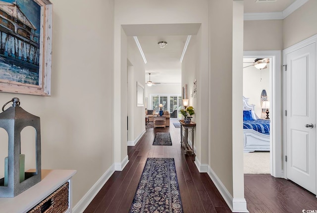 hallway with dark hardwood / wood-style floors and crown molding