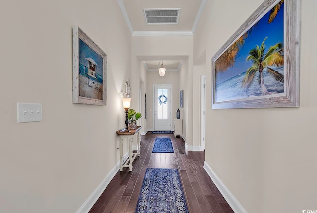 doorway to outside featuring dark hardwood / wood-style flooring and ornamental molding