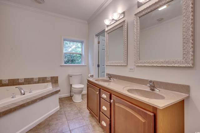 bathroom featuring vanity, crown molding, a bath, tile patterned floors, and toilet