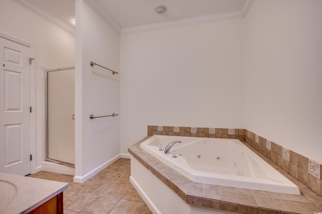 bathroom with tile patterned floors, separate shower and tub, vanity, and ornamental molding