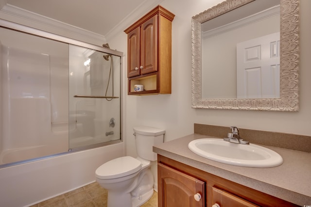 full bathroom with combined bath / shower with glass door, vanity, crown molding, and toilet