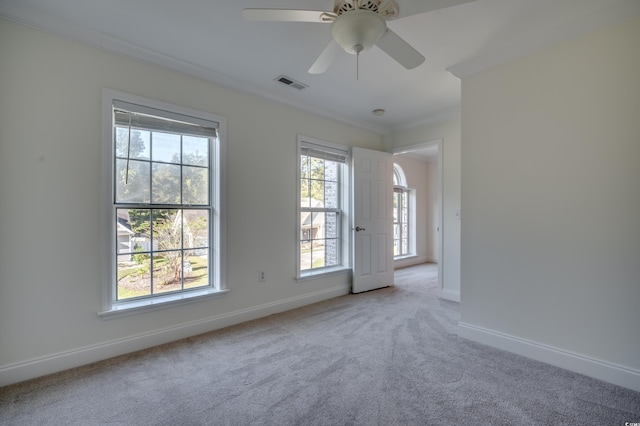 carpeted spare room featuring ceiling fan and ornamental molding