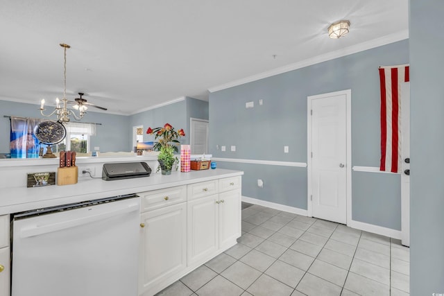 kitchen with white cabinetry, dishwasher, crown molding, pendant lighting, and light tile patterned floors