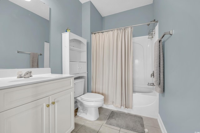 full bathroom featuring tile patterned flooring, vanity, toilet, and shower / bathtub combination with curtain