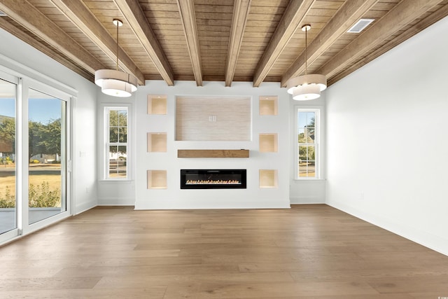 unfurnished living room featuring beam ceiling, hardwood / wood-style flooring, plenty of natural light, and wood ceiling