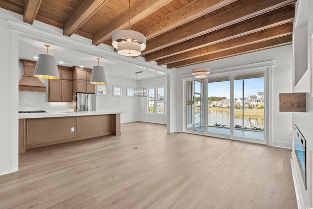 unfurnished living room featuring beamed ceiling, a water view, wooden ceiling, and light wood-type flooring