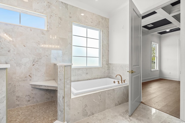 bathroom featuring beamed ceiling, crown molding, plus walk in shower, and coffered ceiling